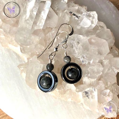 Larvikite & Hematite Circle Earrings